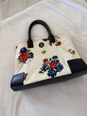 Tory Burch Cream Floral Canvas Tote with dark blue  Trim
